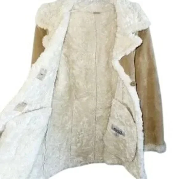 Wilsons Womens Vintage Beige Leather Suede Faux Fur Maxima Button Up Coat Jacket - Picture 3 of 11